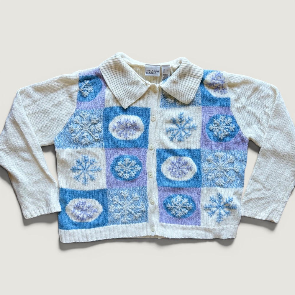 Villager Sport Grannycore Snowflake Cardigan Sweater Blue Purple Cream Large VTG
